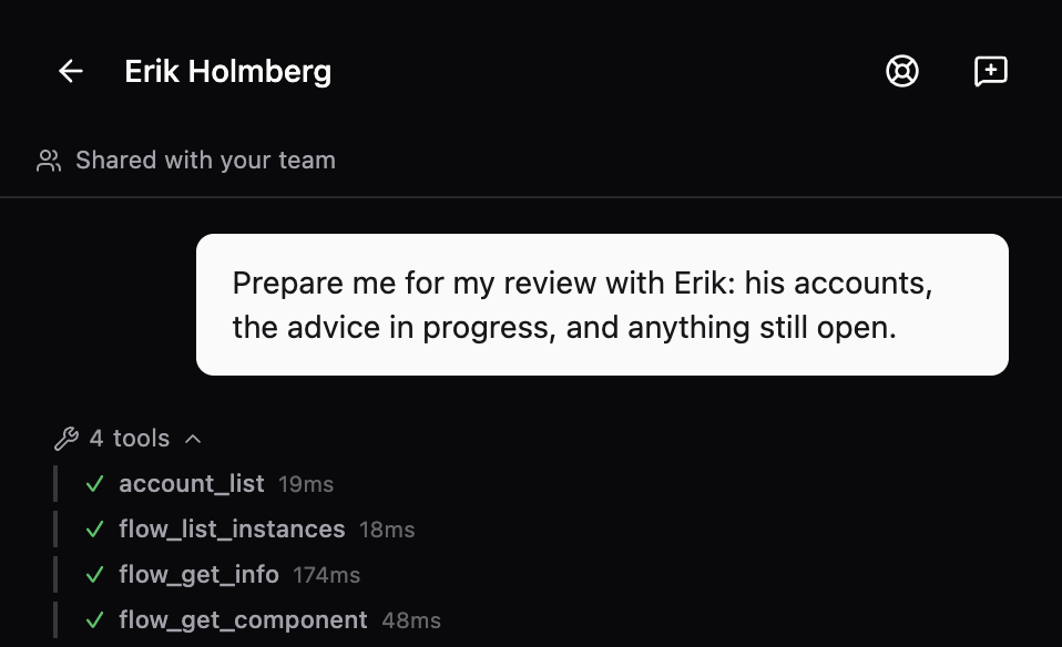 The client agent panel on Erik Holmberg, shared with the team. The request reads: Prepare me for my review with Erik: his accounts, the advice in progress, and anything still open. Below it, 4 tools, each marked done with its time in milliseconds: account_list, flow_list_instances, flow_get_info and flow_get_component.