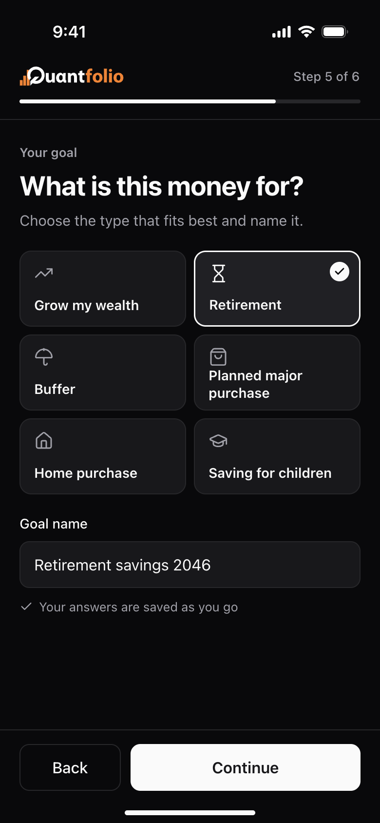 The public version of a flow on a phone: 'What's this for?', with Retirement chosen from the goal types.
