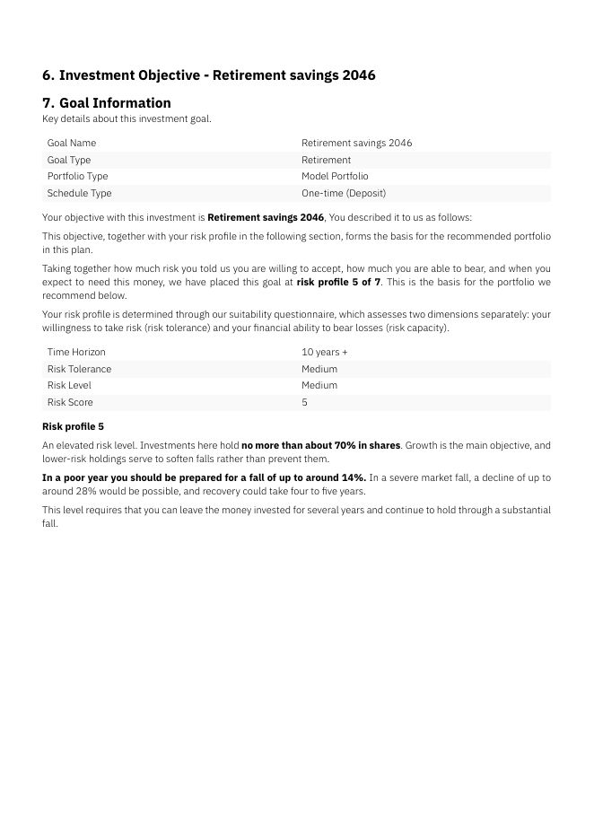 A page of a suitability report: the client's goal, the risk profile behind it, and why the recommended portfolio fits.