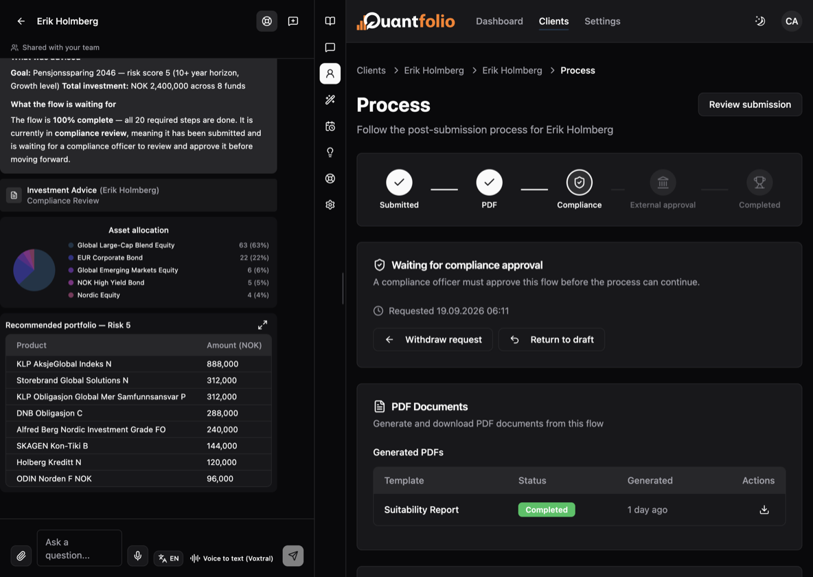 The client's AI agent answering beside the advice it is describing: the goal, risk score 5, NOK 2.4 million across eight funds, the asset allocation and the recommended portfolio — next to the flow itself, held at compliance approval