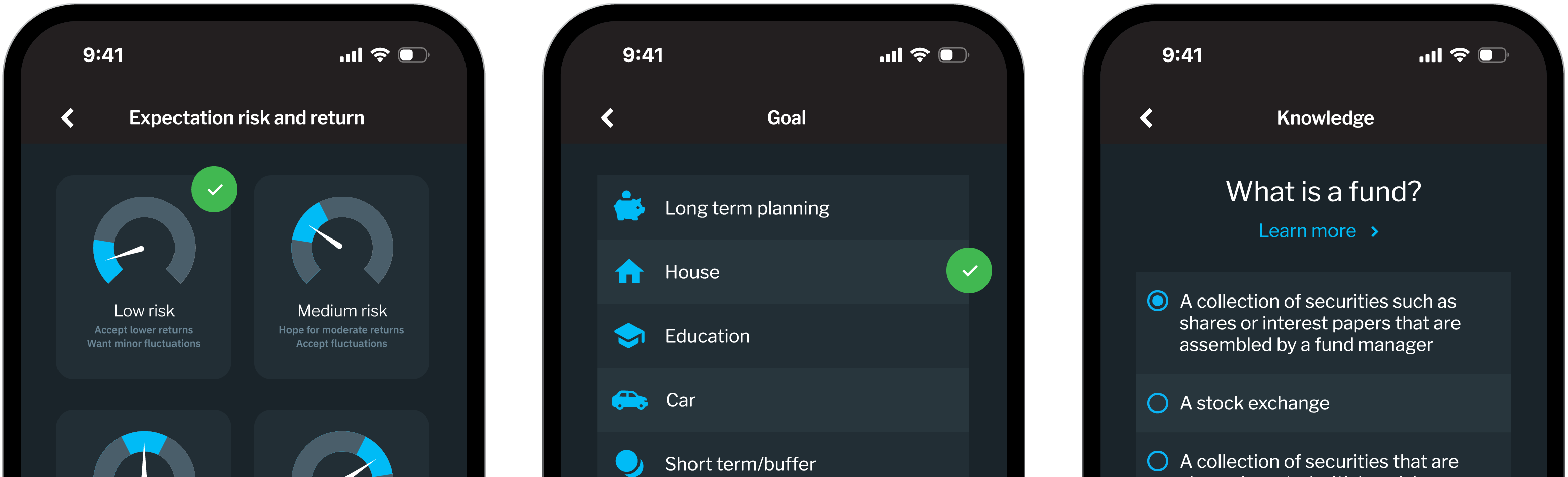 Four phone screens — risk, portfolio, questionnaire, education