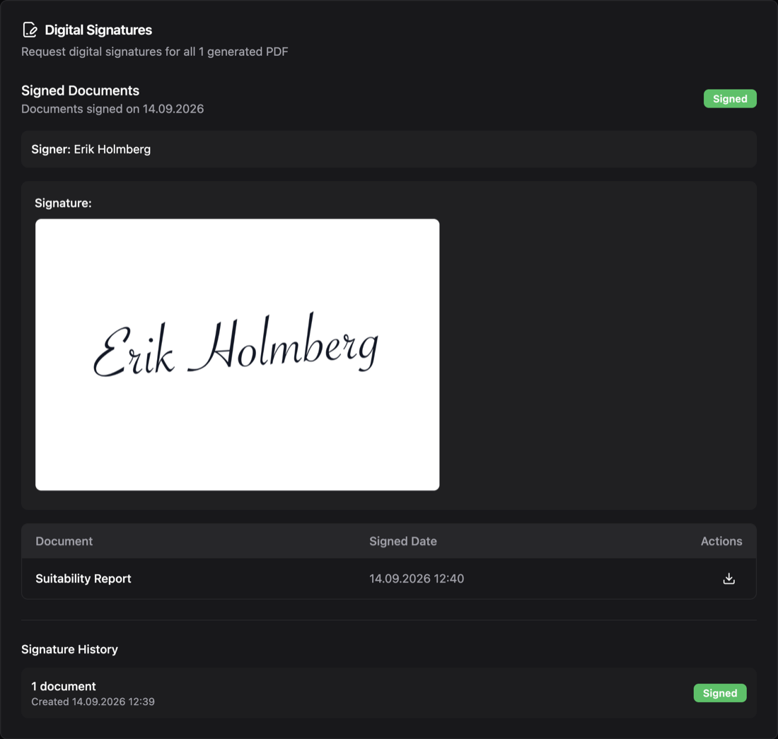Digital signatures: the suitability report signed by Erik Holmberg on 14.09.2026, with his signature and a signed status.